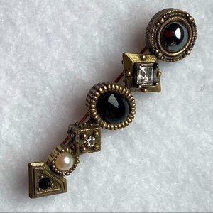 Patricia Locke Antique Gold Diamond Pearl Black Onyx Linear Brooch Pin